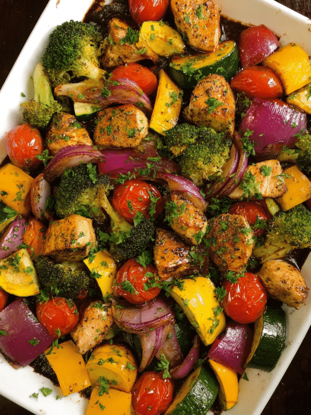 Balsamic Chicken and Veggie sheet pan dinner with roasted vegetables