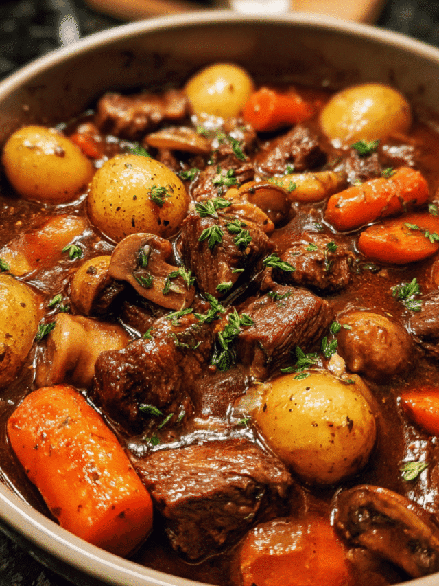 Hearty beef mushroom stew served in a bowl with vegetables