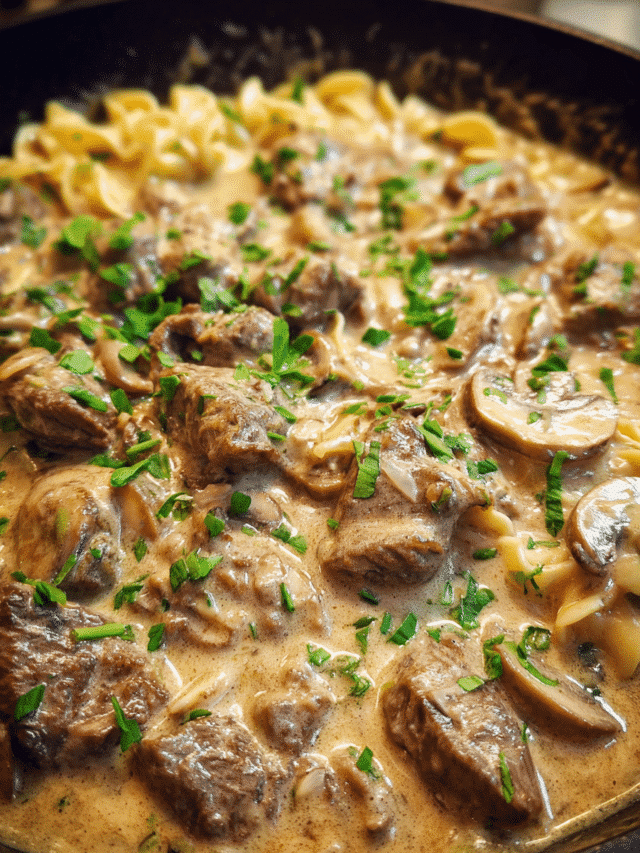 Beef Stroganoff Recipe served over egg noodles with creamy mushroom sauce