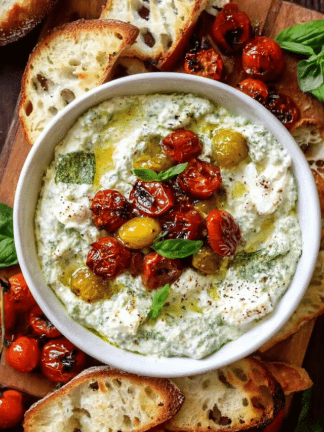Burrata Pesto Dip with Yogurt topped with roasted tomatoes and basil