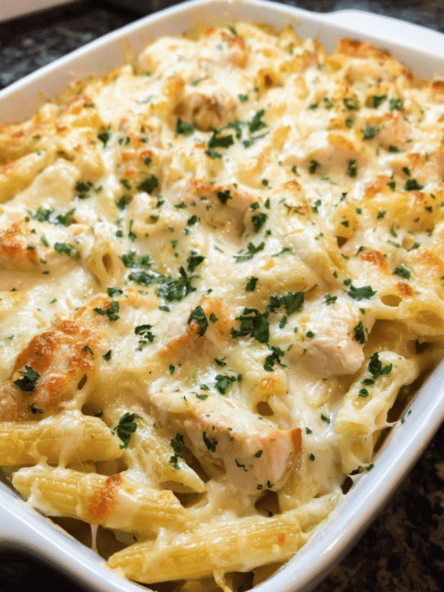 Creamy Chicken Alfredo Bake in a casserole dish