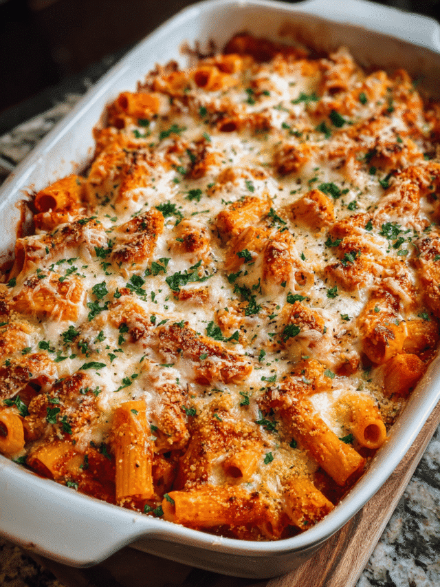 Baked Chicken Parmesan Casserole with melted cheese and golden chicken pieces