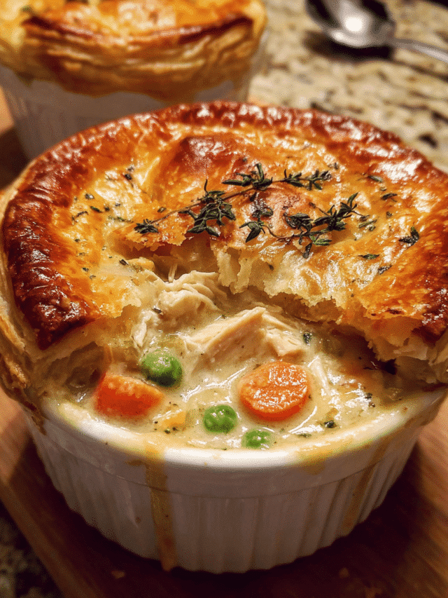 Creamy homemade chicken pot pie with golden puff pastry topping