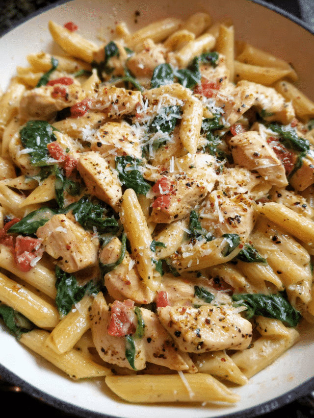 Chicken and spinach skillet pasta in a creamy one-pan sauce