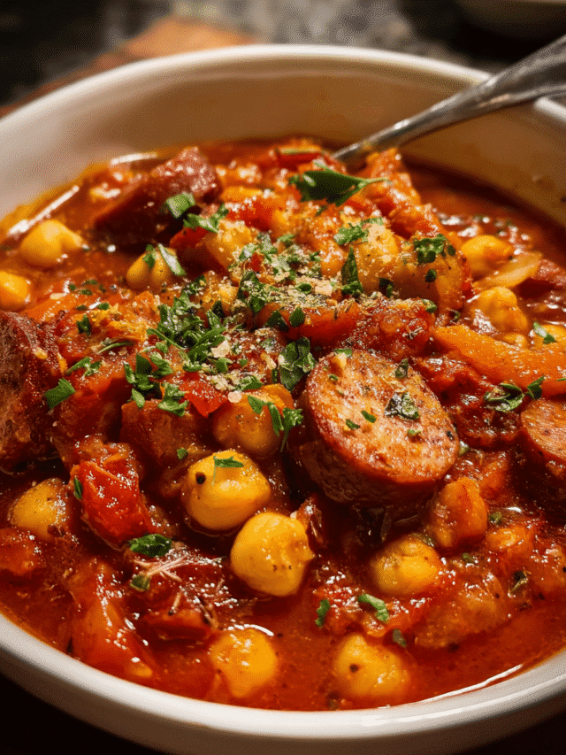 Bowl of chorizo chickpea stew with smoked sausage and tomatoes