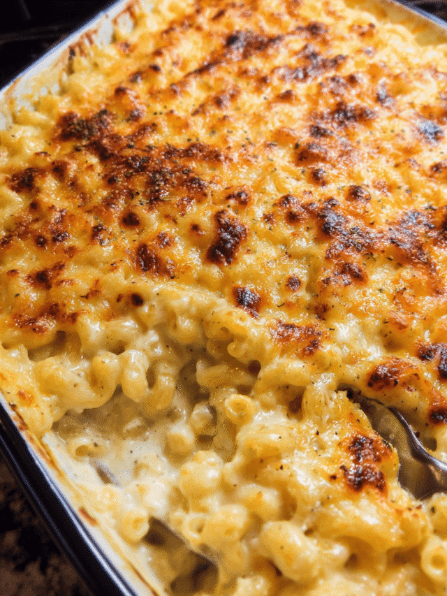 Creamy baked mac and cheese casserole with golden cheese topping