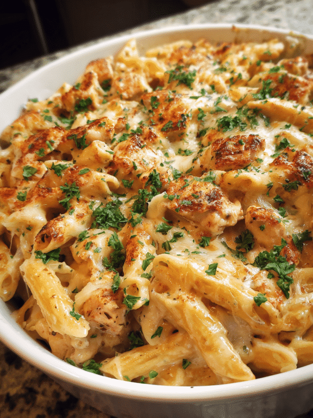 Creamy Cajun Chicken Alfredo Bake in a casserole dish