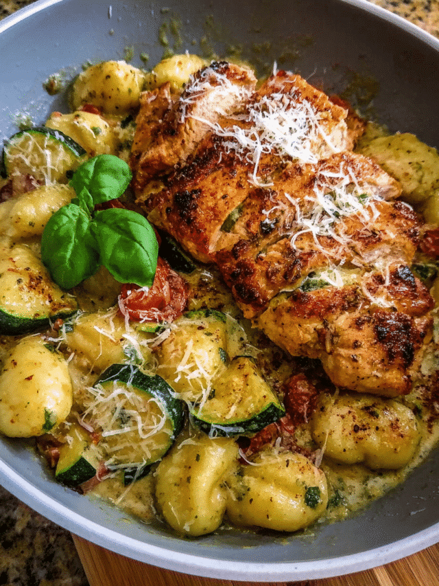 Creamy Chicken Pesto Gnocchi in a skillet with basil and Parmesan