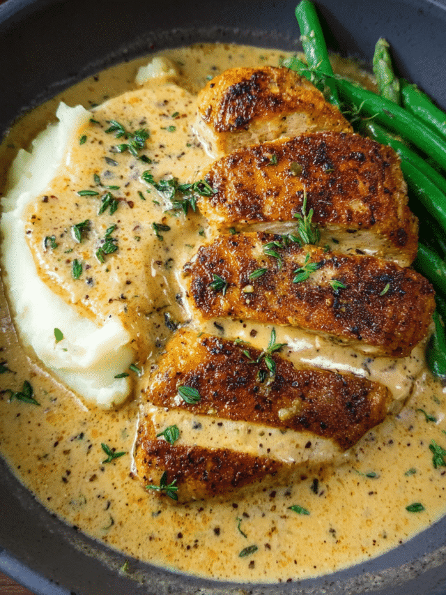 Creamy Garlic Chicken served with mashed potatoes and vegetables