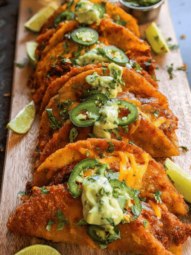 Crispy cheese chicken tacos with avocado cilantro sauce on a plate