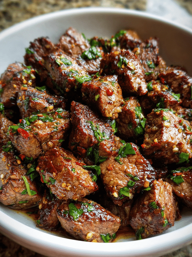 Garlic Butter Steak Bites seared in a skillet with garlic and parsley.