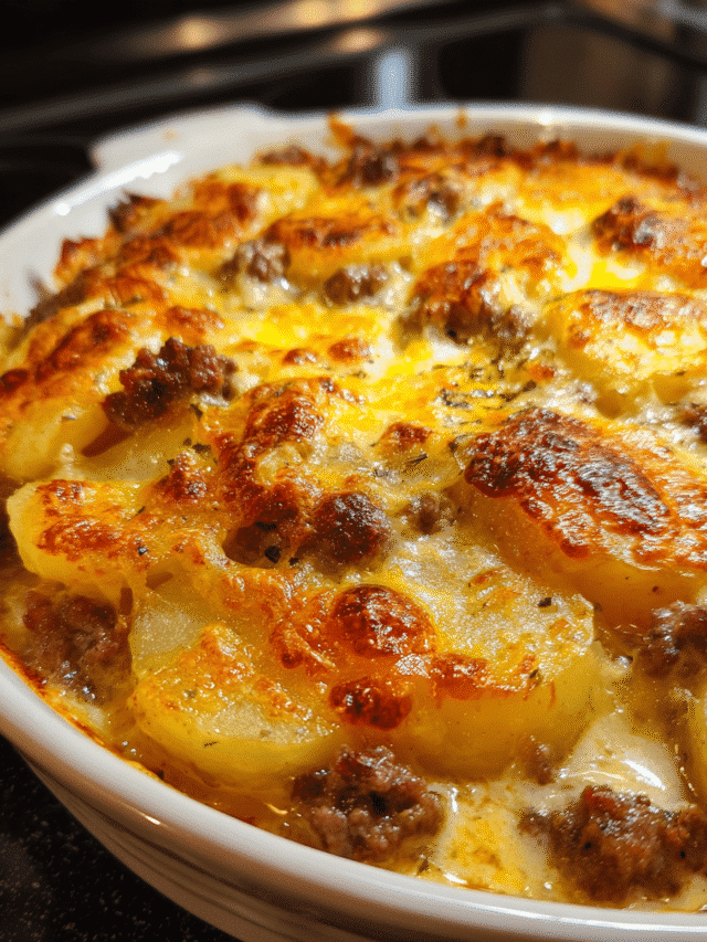 Hamburger and Potato Casserole baked with cheese