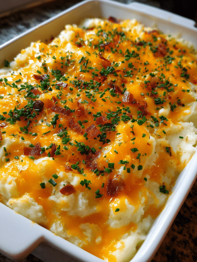 Loaded mashed potato casserole baked with cheddar and herbs