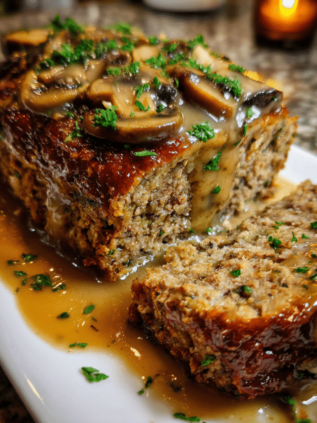Meatloaf with mushroom gravy sliced on a platter with fresh herbs