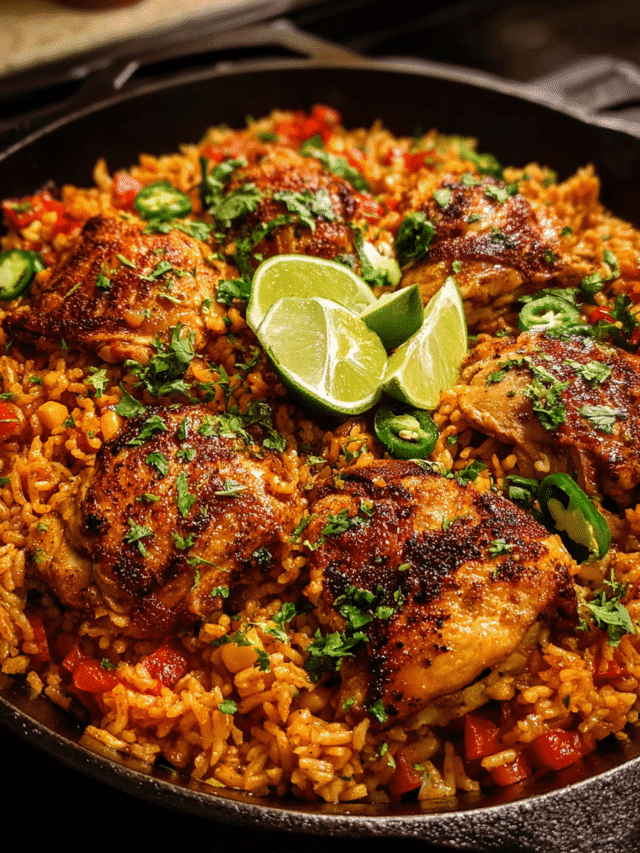 One Pot Mexican Chicken and Rice served in a skillet with lime and cilantro