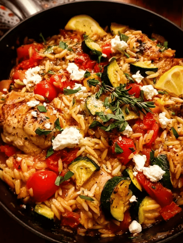 One-pot Greek chicken risoni baked with vegetables, lemon, and feta