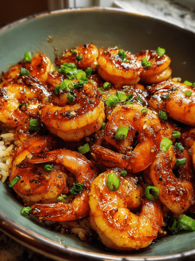 Quick Honey Garlic Shrimp served with rice and green onion