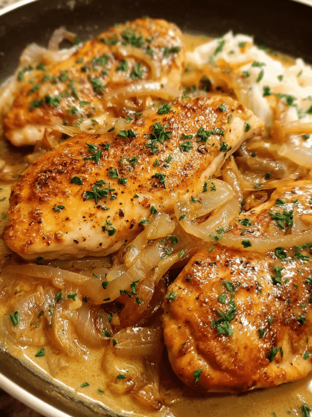 Smothered Chicken in skillet with onion gravy