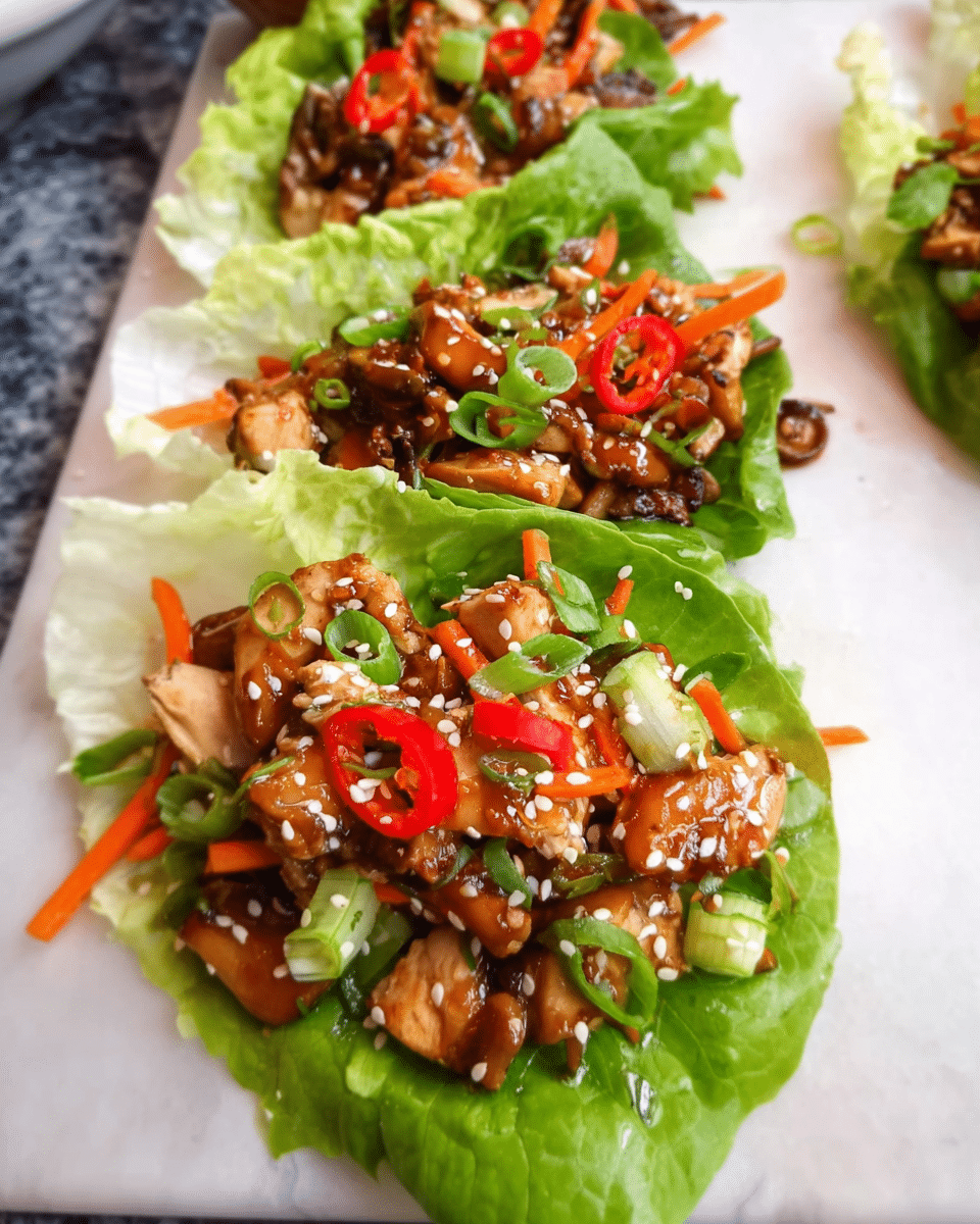 Asian chicken lettuce wraps served with vegetables