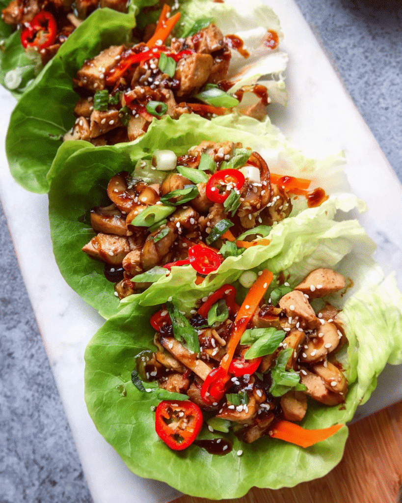 Asian chicken lettuce wraps served with vegetables