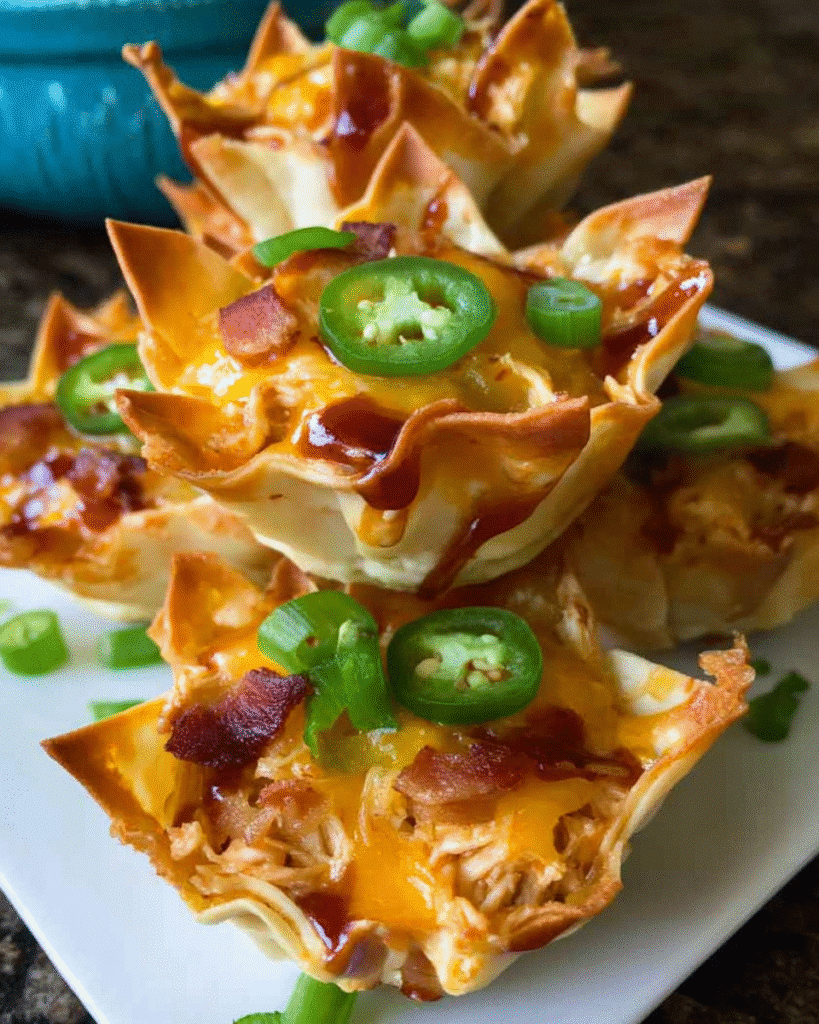 BBQ Chicken Jalapeno Popper Cupcakes in crispy wonton cups