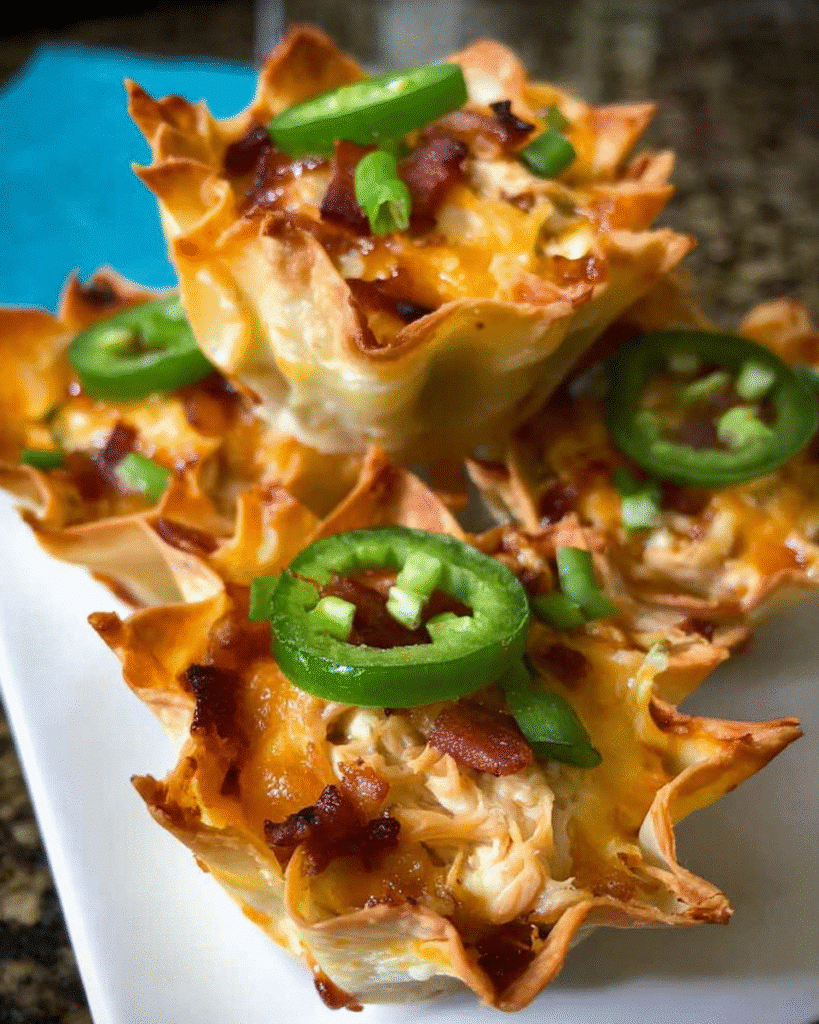 BBQ Chicken Jalapeno Popper Cupcakes in crispy wonton cups