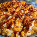 BBQ chicken mac and cheese baked until bubbly