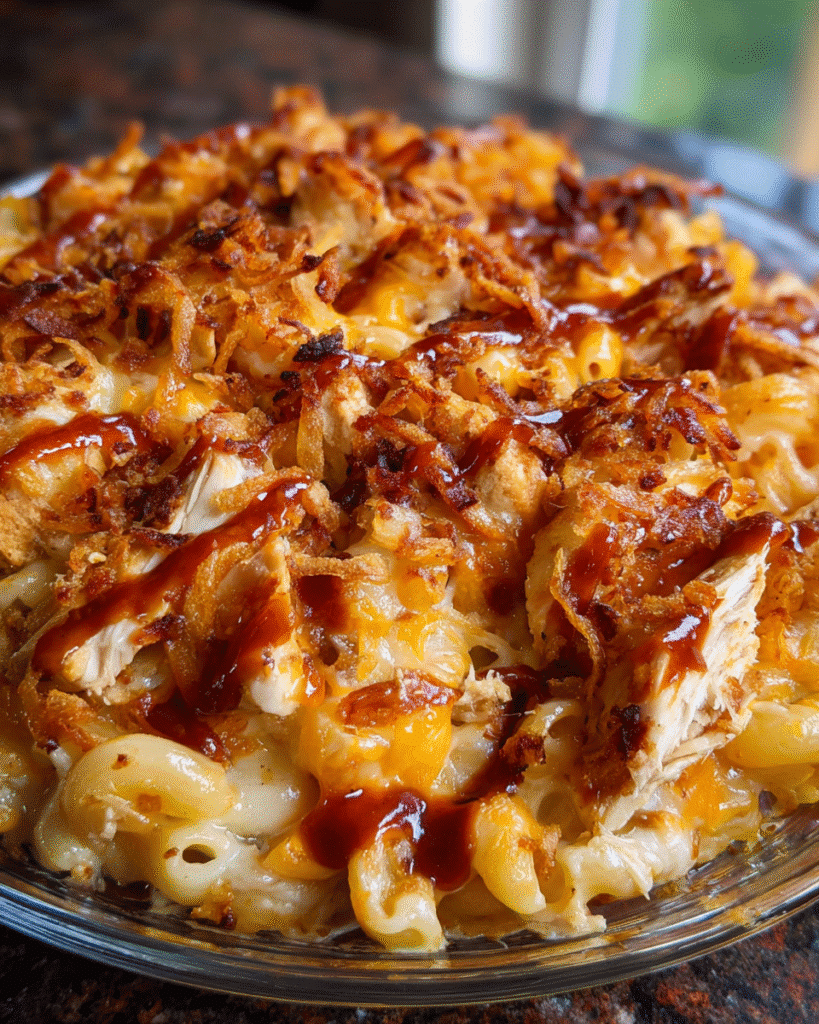 BBQ chicken mac and cheese baked until bubbly