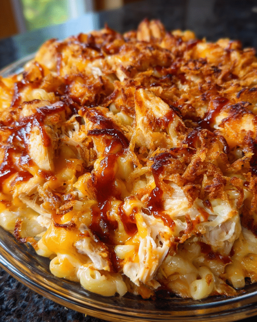 BBQ chicken mac and cheese baked until bubbly