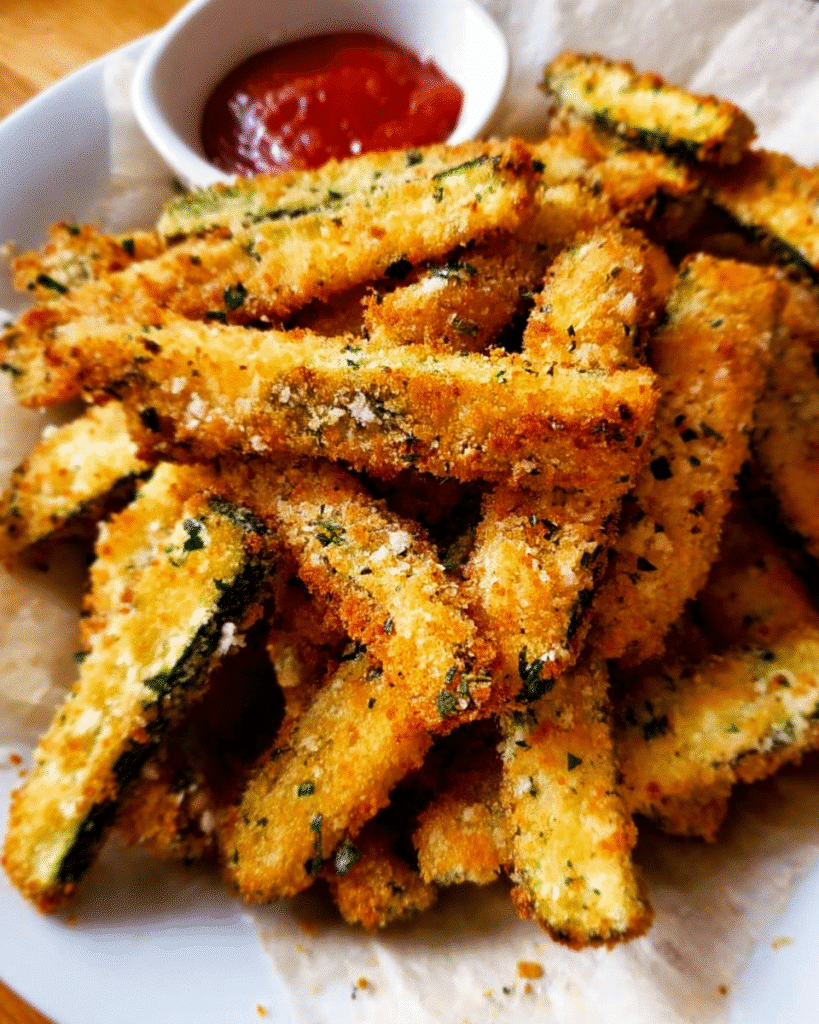 Baked Parmesan Zucchini Fries on a baking sheet