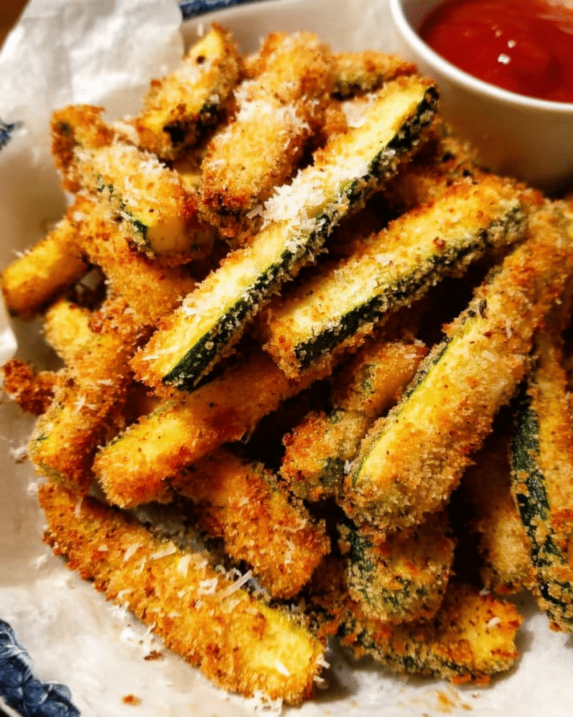 Baked Parmesan Zucchini Fries on a baking sheet