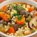 Beef, barley, and mushroom herb stew in a bowl