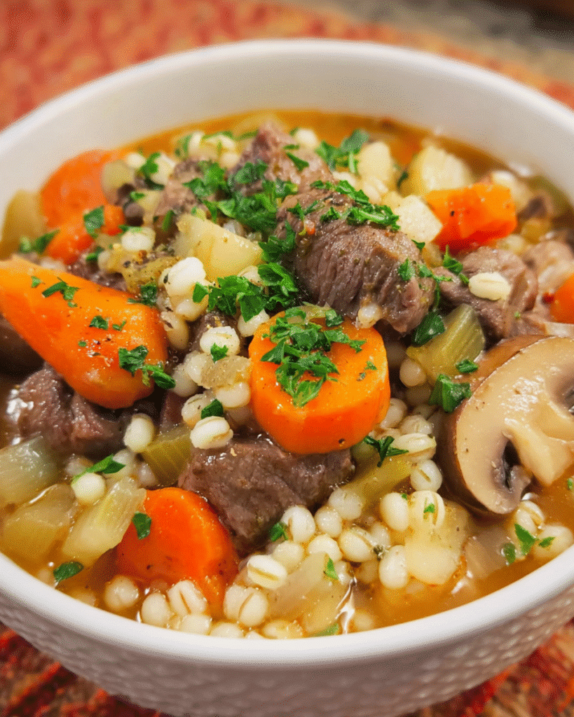 Beef, barley, and mushroom herb stew in a bowl