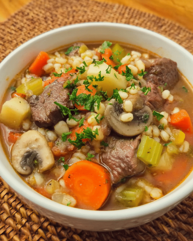 Beef, barley, and mushroom herb stew in a bowl