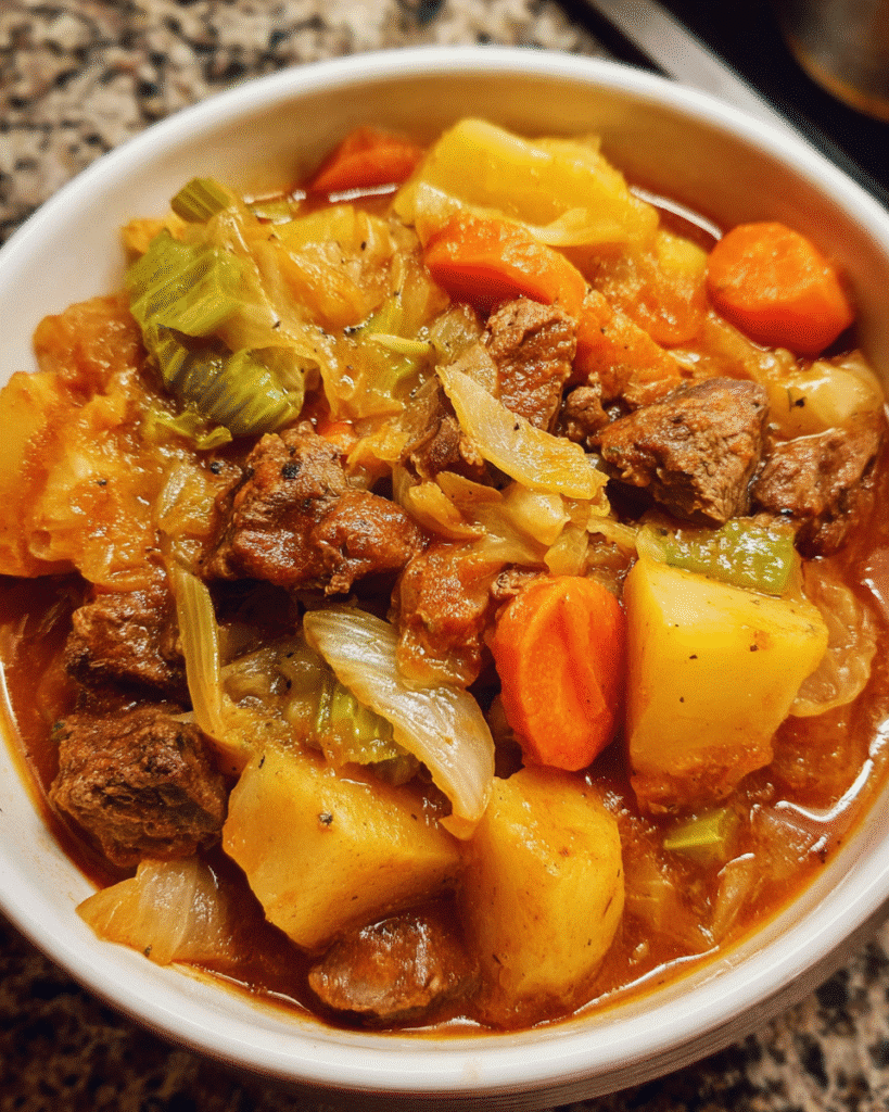 Bowl of beef and cabbage stew with vegetables