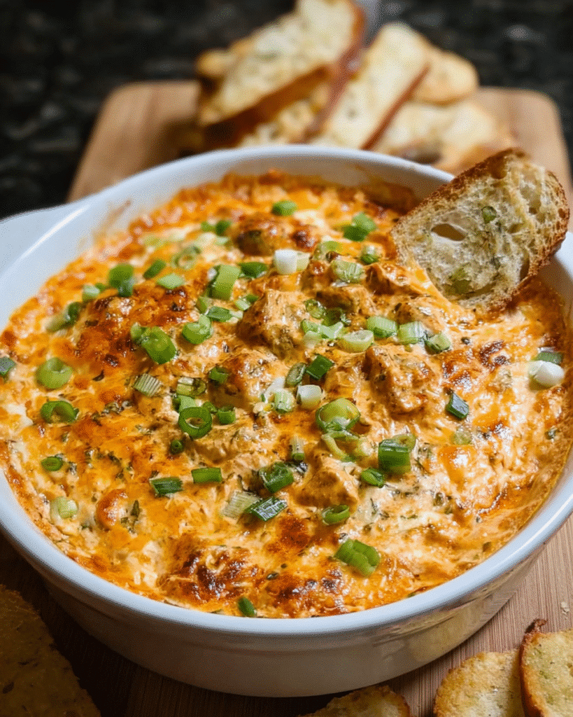 Buffalo chicken dip in a baking dish with melted cheese