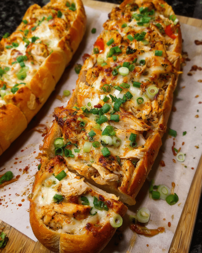 Buffalo chicken stuffed garlic bread on a cutting board