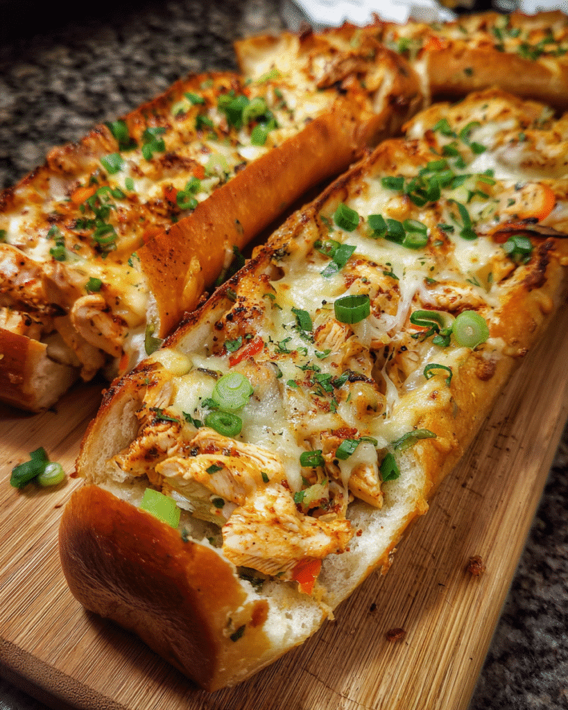 Buffalo chicken stuffed garlic bread on a cutting board