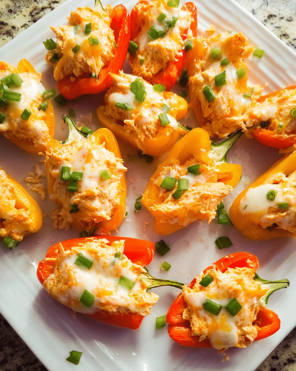 Buffalo Chicken Stuffed Mini Peppers baked with creamy buffalo chicken filling