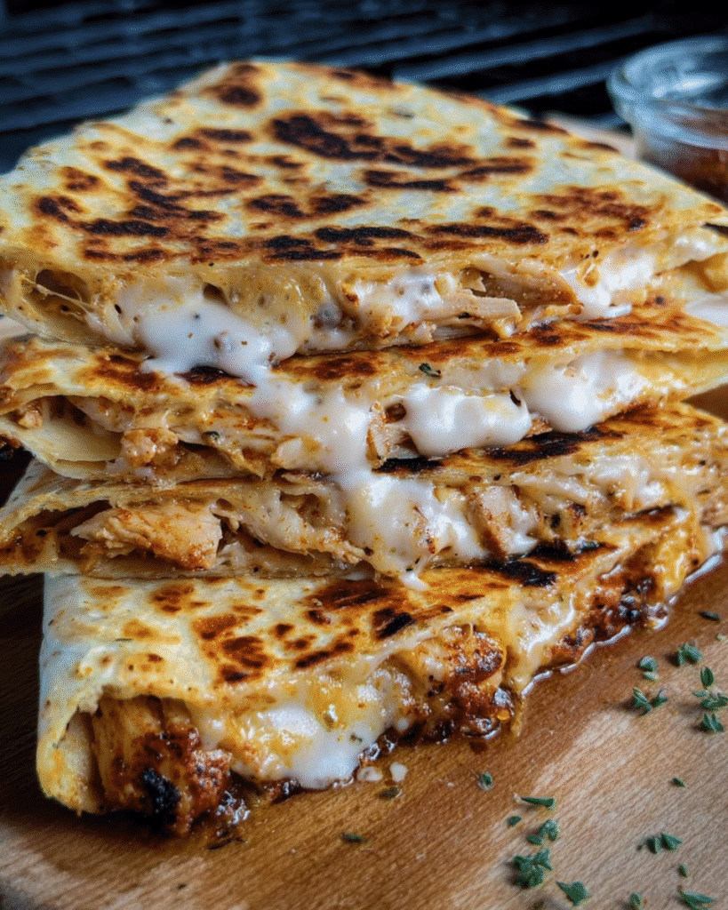Cajun Chicken Quesadilla on a skillet with melted cheese and sliced chicken