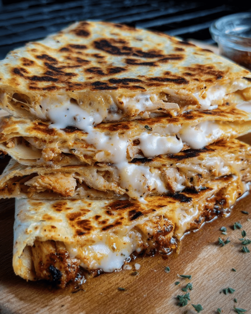 Cajun Chicken Quesadilla on a skillet with melted cheese and sliced chicken