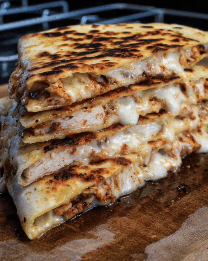 Cajun Chicken Quesadilla on a skillet with melted cheese and sliced chicken