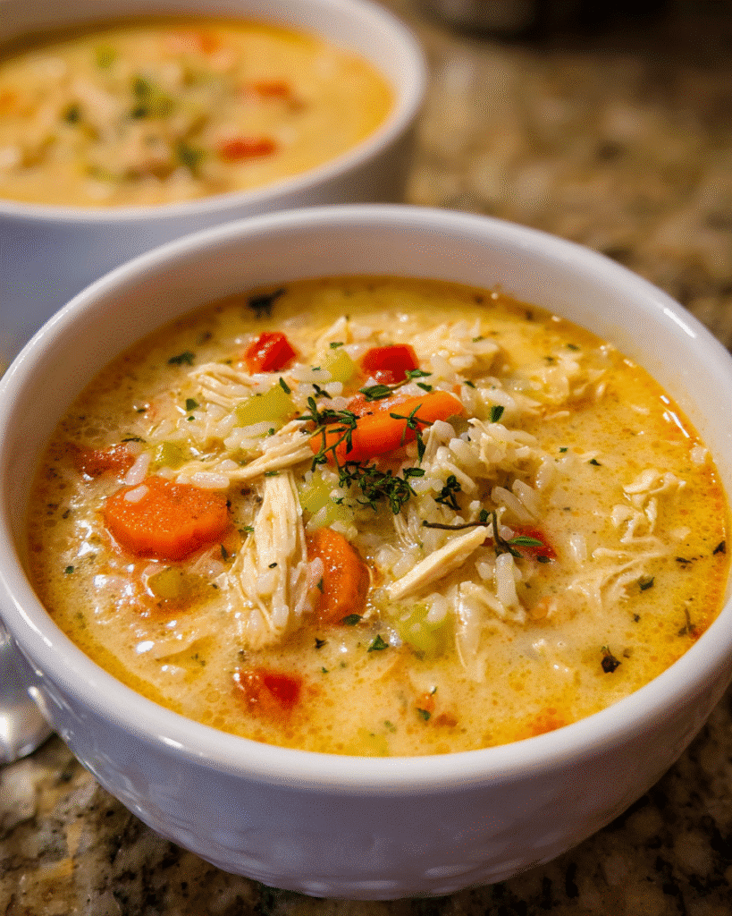 Bowl of creamy Cajun chicken and rice stew