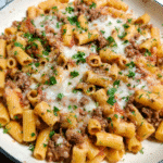Cheesy beef pasta skillet with melted cheese and herbs