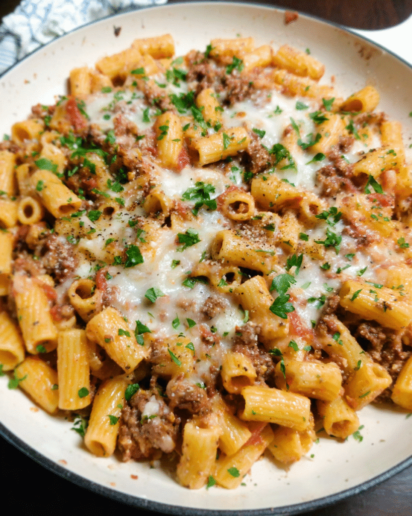 Cheesy beef pasta skillet with melted cheese and herbs