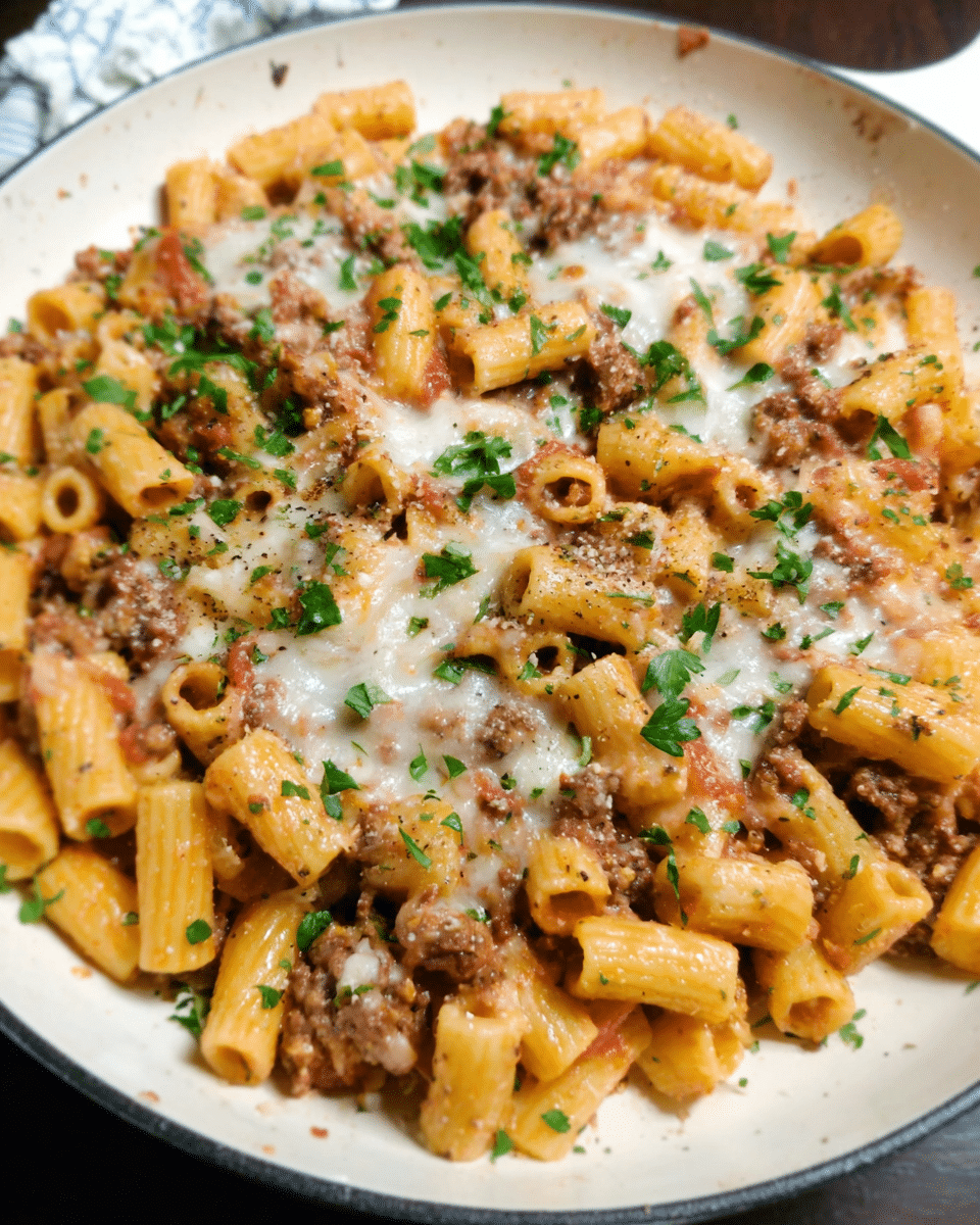 Cheesy beef pasta skillet with melted cheese and herbs