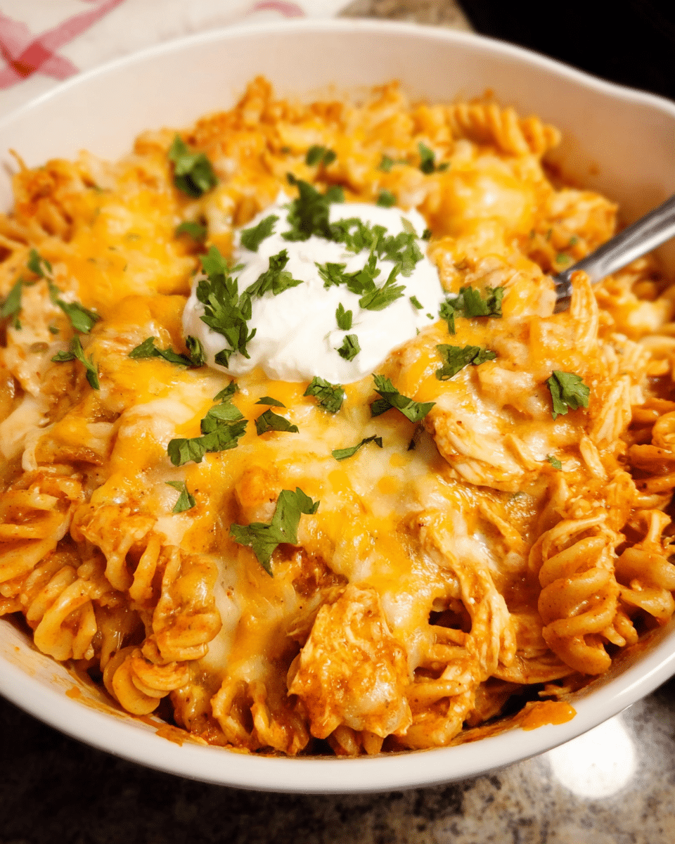 cheesy chicken enchilada pasta baked with melted cheese