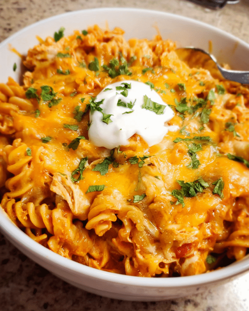cheesy chicken enchilada pasta baked with melted cheese