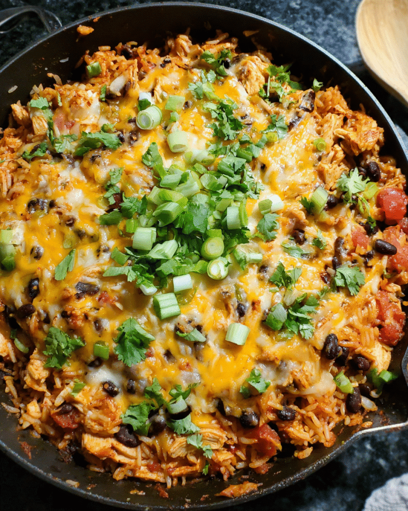 Cheesy chicken enchilada rice skillet in a pan