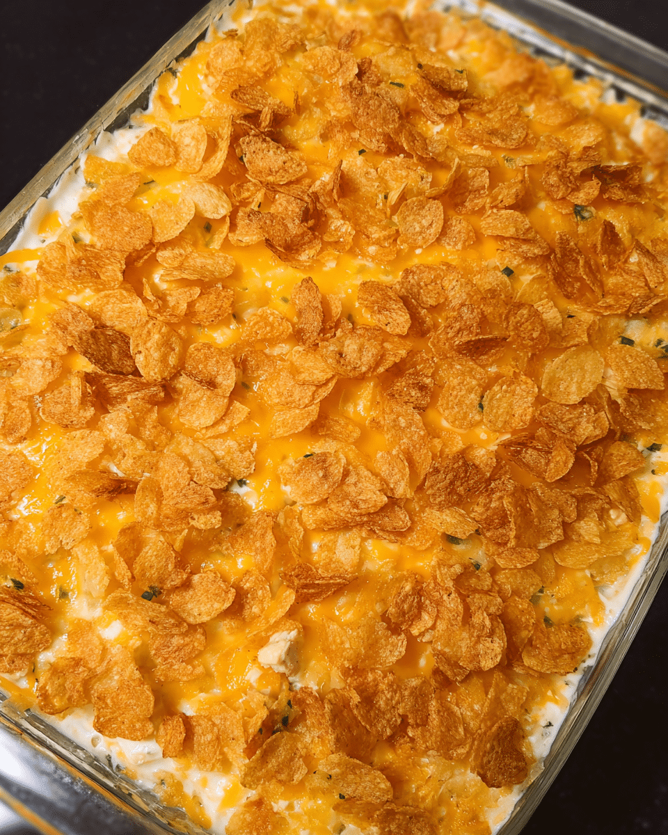 Cheesy chicken hashbrown casserole with golden cornflake topping